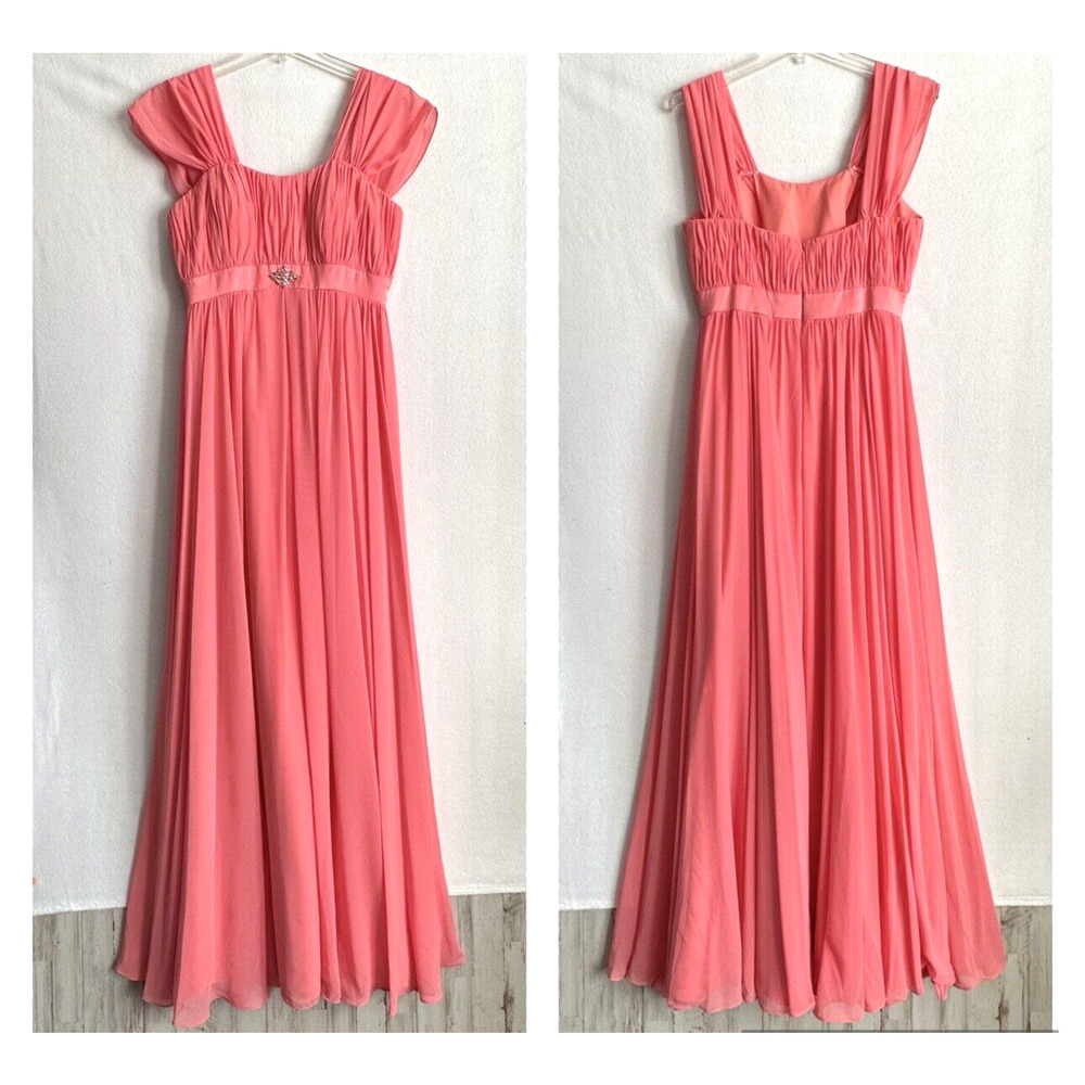 Mori Lee Bridesmaid Gown Dress Maxi Coral Chiffon Bling Wedding Size 2? Summer